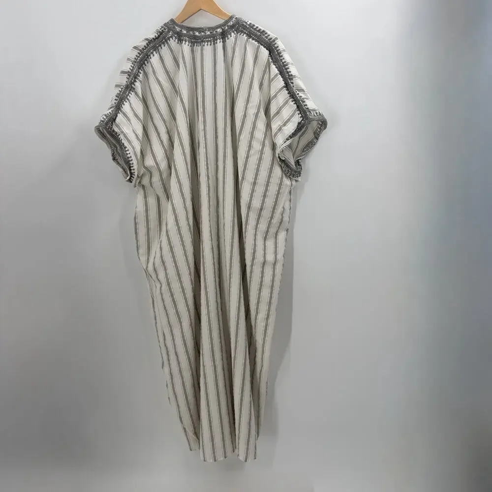 Embroidered Linen Cotton Blend Striped Boho Maxi Dress Caftan Cover Up Womens 2X - Picture 4 of 4